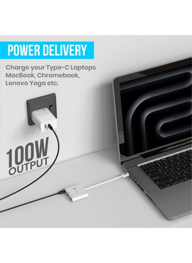 Portronics C-Konnect Type C to HDMI Adapter (3-in-1), Multiport USB C Hub with 4K@30Hz, USB 3.0 @ 5Gbps, 100 W PD Charging Port for Laptop, MacBook, PC and Other Type C Devices (White) - Image 4